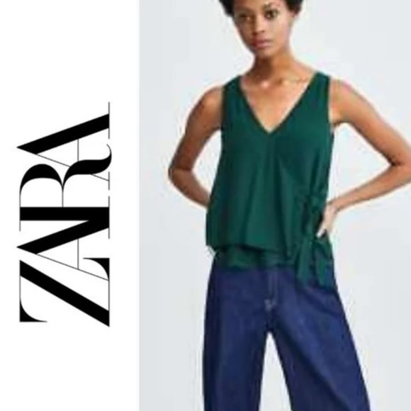 ZARA V-Neck Lace Trim Sleeveless Wrap Blouse Size Small Dark Green - Picture 2 of 2